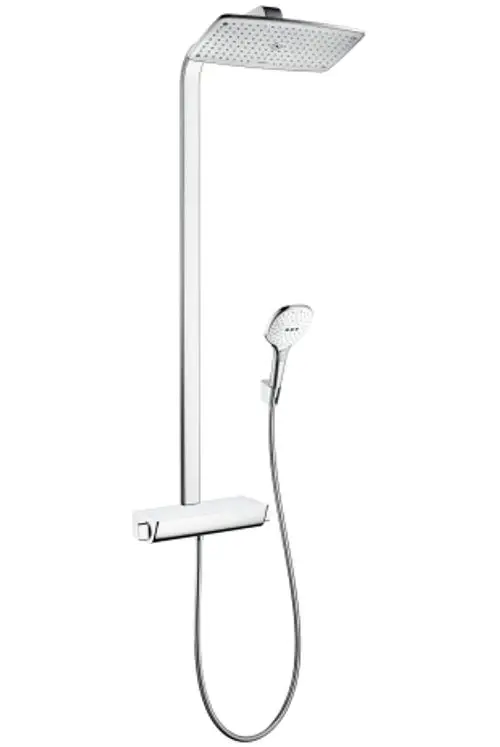 Hansgrohe Duschsystem mit gerader Kopfbrause, Handbrause und Thermostat, in Weiß und Chrom. An der Wand montiert, schlankes Design für Badezimmer.